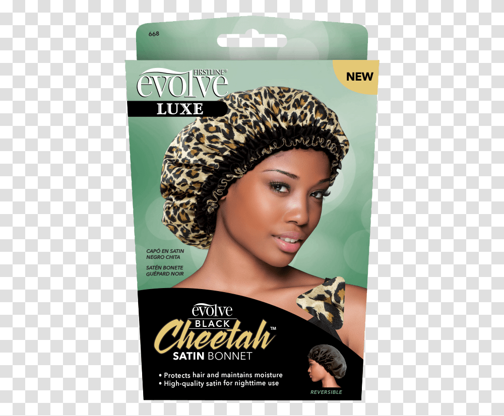 Evolve Black Cheetah Satin Bonnet Black Woman In Bonnet, Hat, Apparel, Person Transparent Png