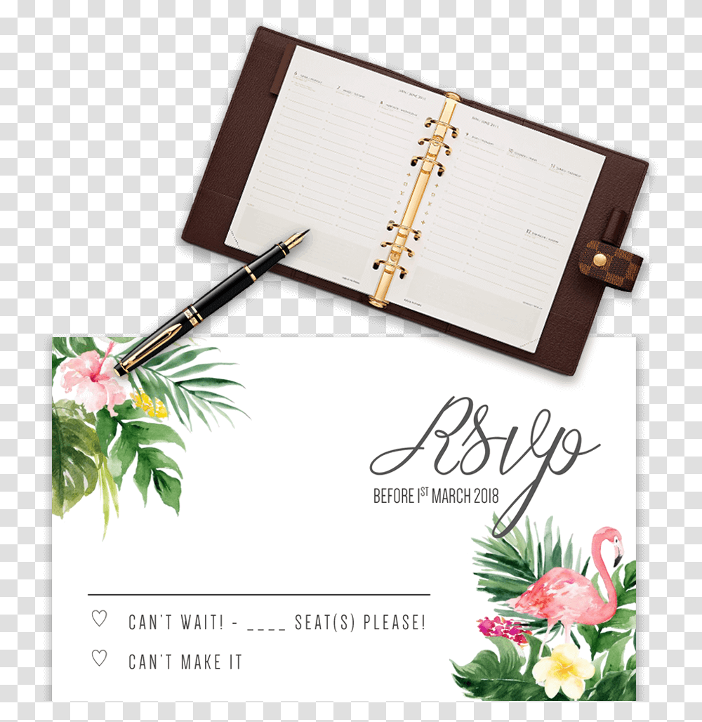 Example Of Wedding Rsvp Template With Flamingo And Calligraphy, Diary, Page, Paper Transparent Png