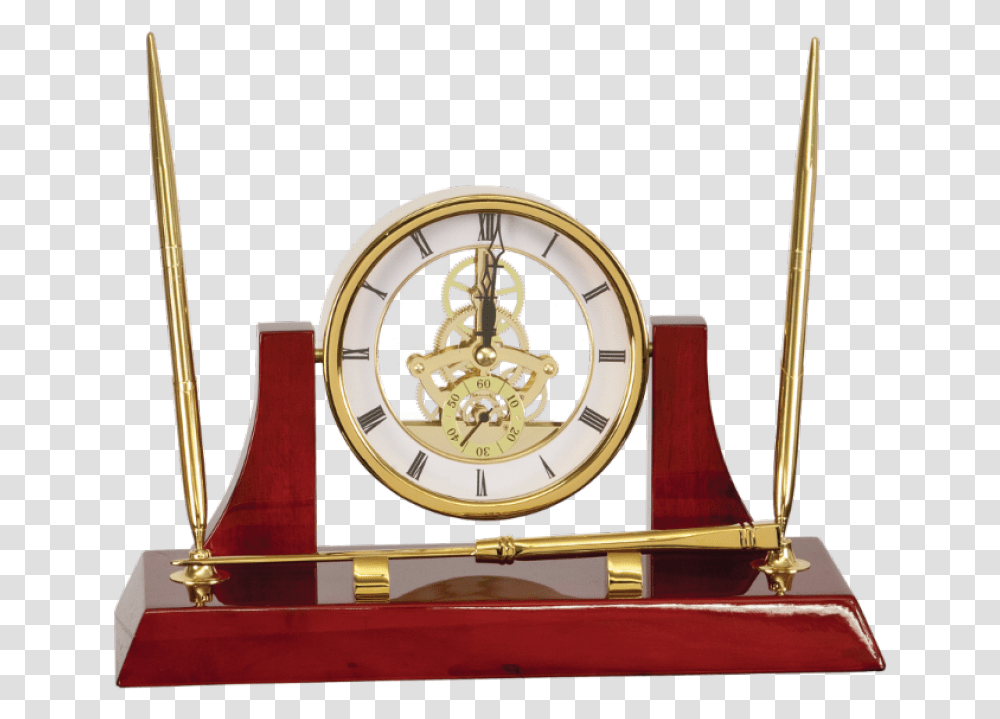 Executive Gold Clock With 2 Pens And Desk, Clock Tower, Architecture, Building, Wristwatch Transparent Png