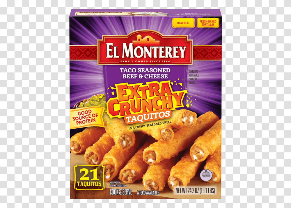 Extra Crunchy Taco Beef And Cheese Taquitos El Monterey Extra Crunchy Taquitos, Food, Snack, Advertisement, Pastry Transparent Png