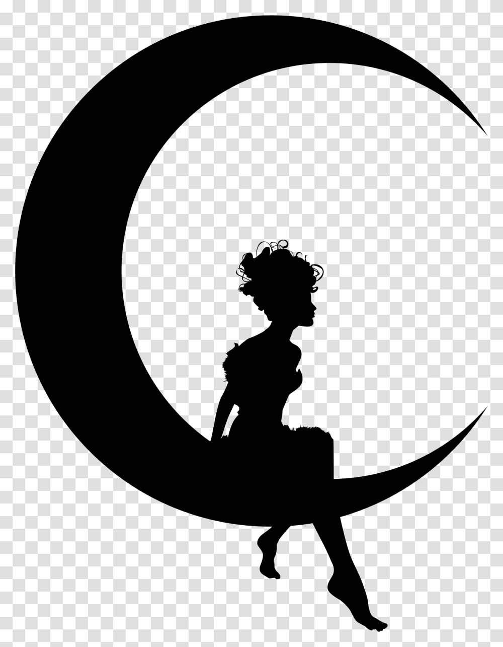Fairy Sitting On Moon Crescent Girl Sitting On Crescent Moon, Silhouette, Green, Person Transparent Png