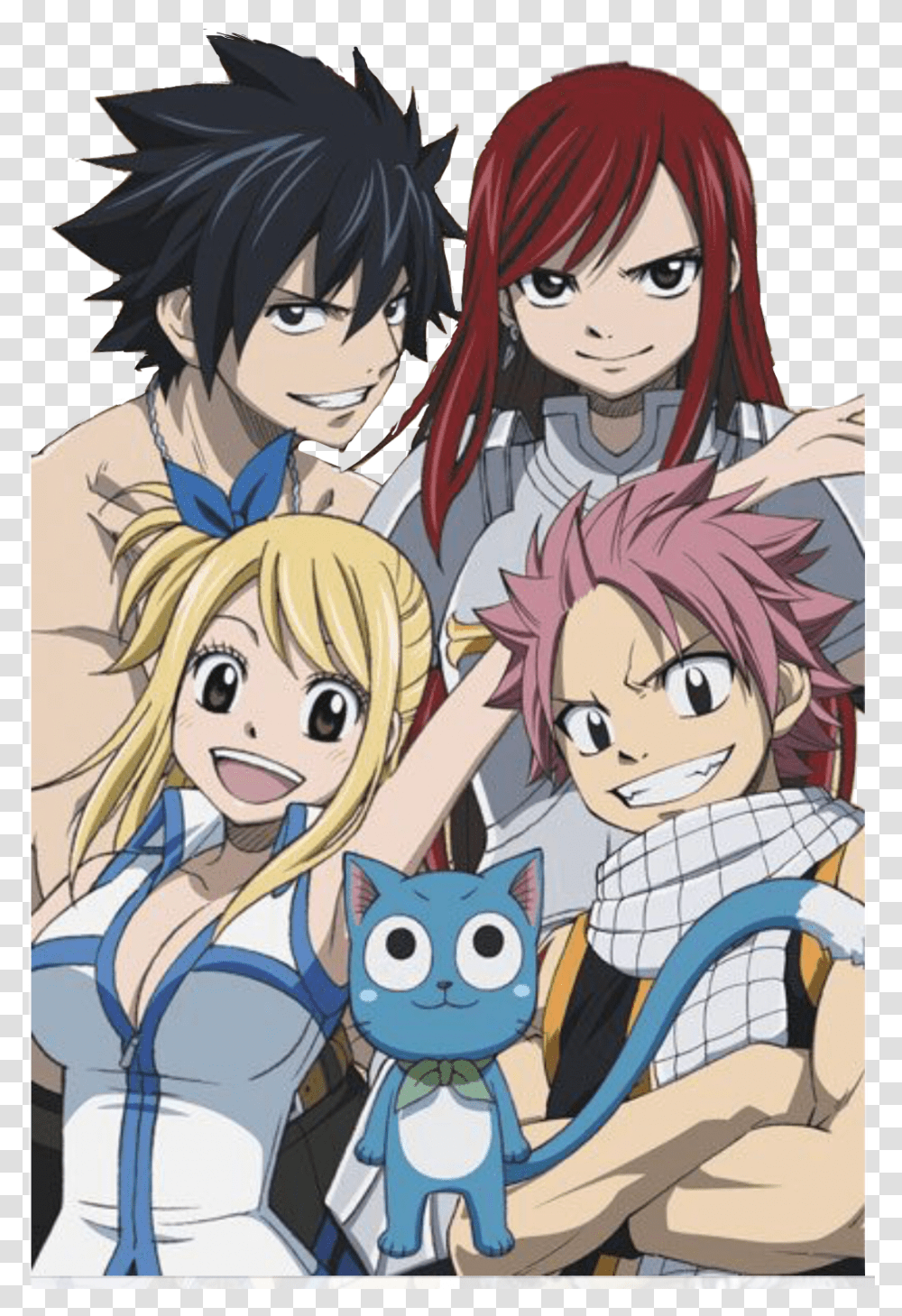 Fairytail Natsu Lucy Happy Gray Erza Freetoedit Fairy Tail Natsu Lucy, Manga, Comics, Book, Person Transparent Png