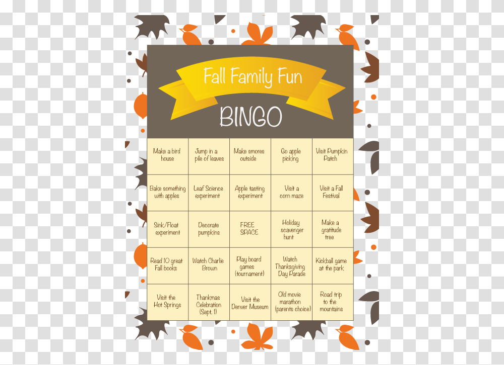 Fall Family Clipart Fall Activities Bingo, Menu, Calendar, Paper Transparent Png