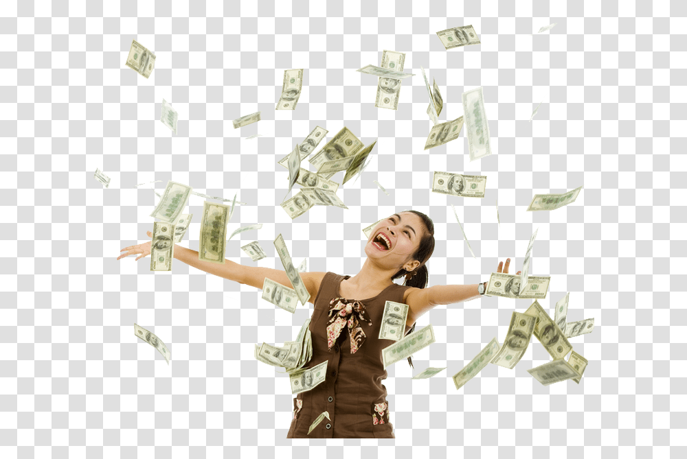 Falling Money Background Woman Won The Lottery, Person, Paper, Performer, Costume Transparent Png