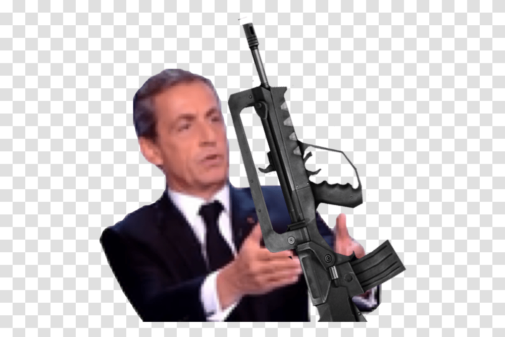 Famas Sarkozy Mais Vous Fumez, Person, Human, Gun, Weapon Transparent Png