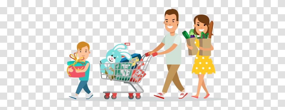 Family Day Shopping Cart Sharing Happy Family Shopping Cartoon, Person, Human, Shopping Basket Transparent Png