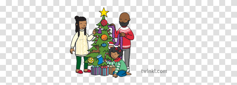 Family Decorating A Christmas Tree Illustration Twinkl Christmas Day, Plant, Ornament, Person, Human Transparent Png