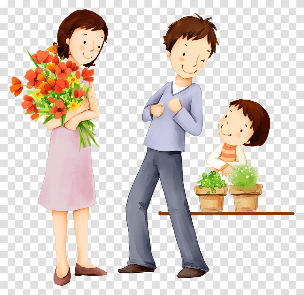 Family Happiness Child Cartoon Illustration Happy Teacher Day Cartoon, Person, Plant, Flower, Female Transparent Png
