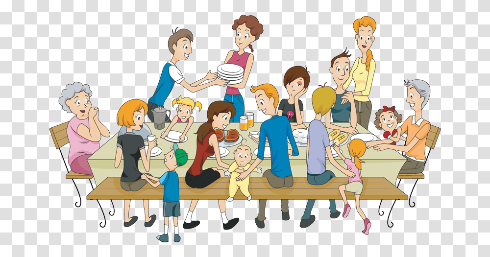 Familyreunion Cartoon Family Dinner Table, Person, People, Shoe, Crowd Transparent Png