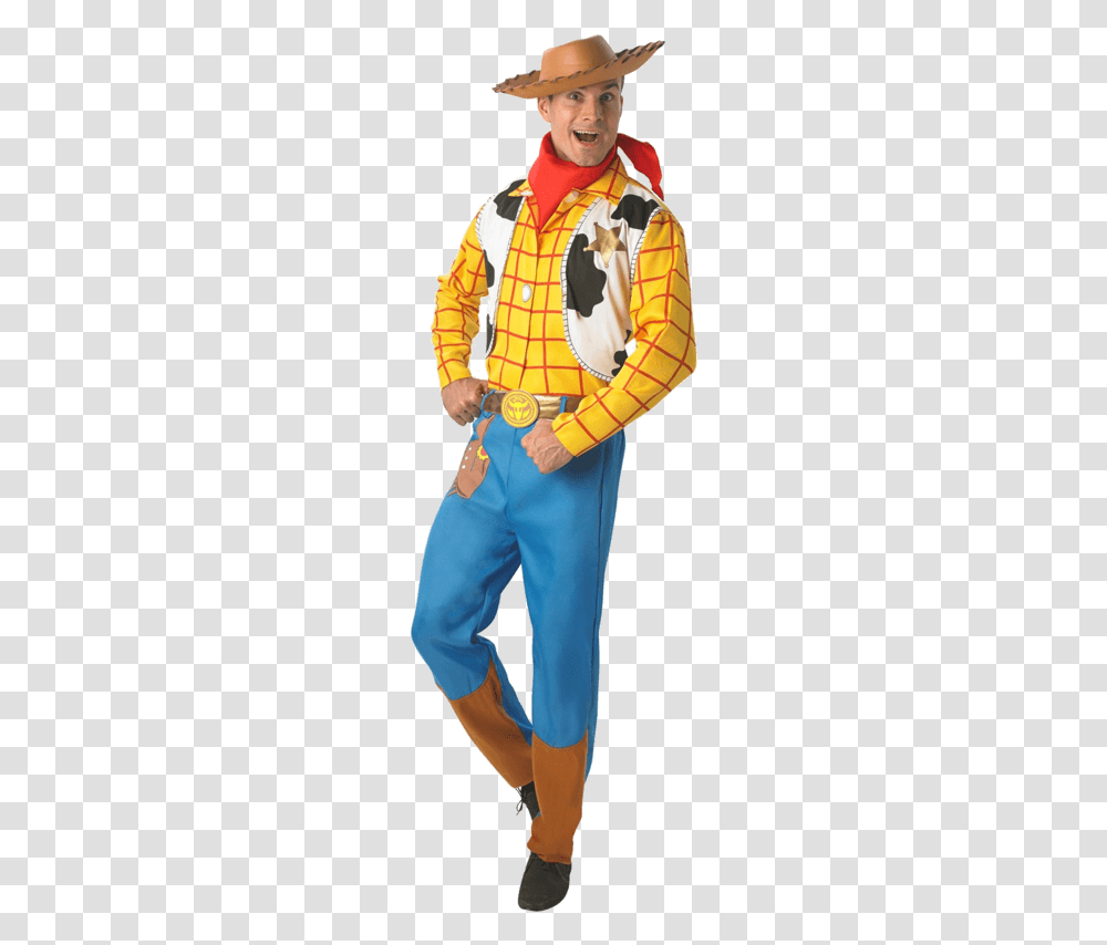 Fancy Dress Mens Woody Toy Story Costume, Person, Pants, Hat Transparent Png