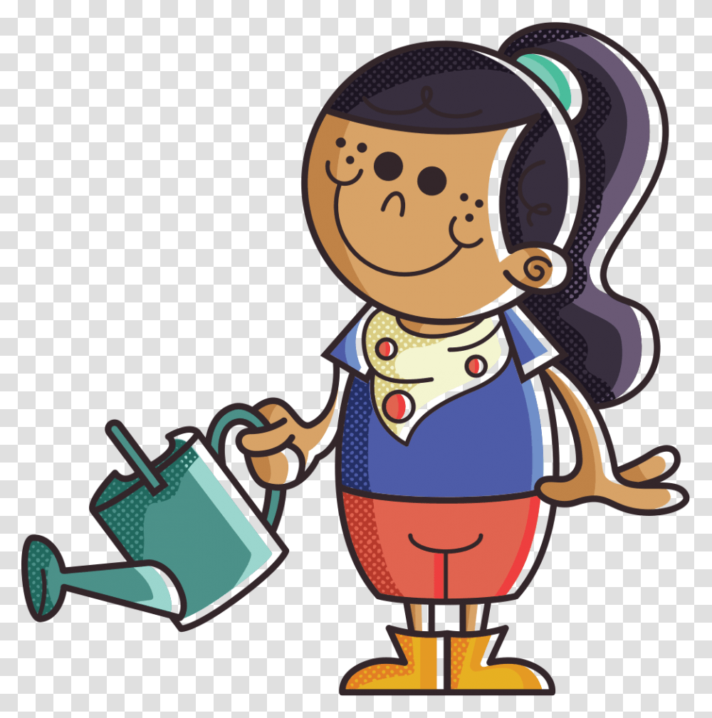 Farmer Girl With Watering Can Girl Cartoon With Watering Can, Tin Transparent Png