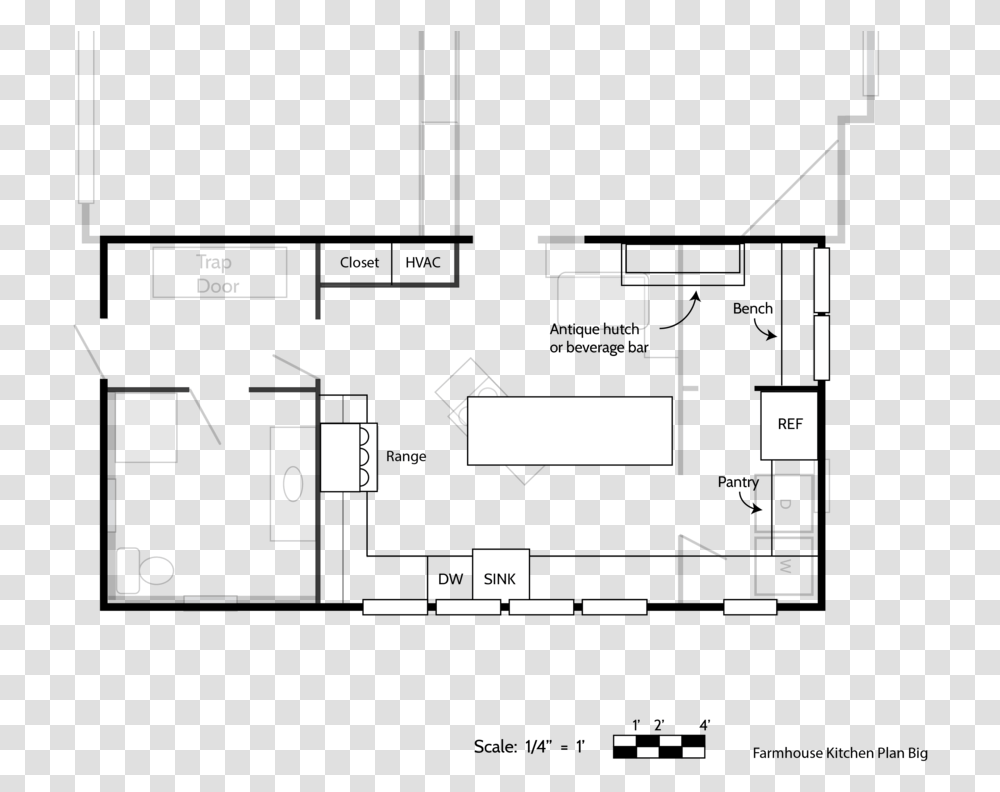 Farmhousefloorplans Kitchenv2 01 Big Kitchen Floor Plan, Diagram, Plot, Lighting Transparent Png