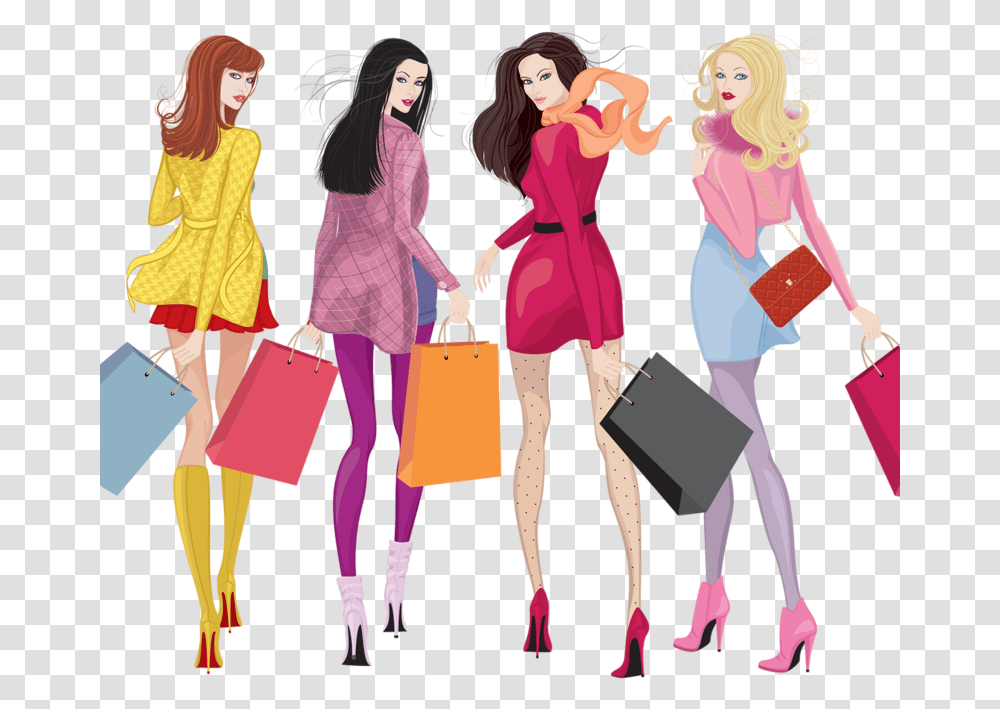 Fashion Clipart Fashion Trend Four Girls Shopping Illustration, Person, Human, People, Bag Transparent Png