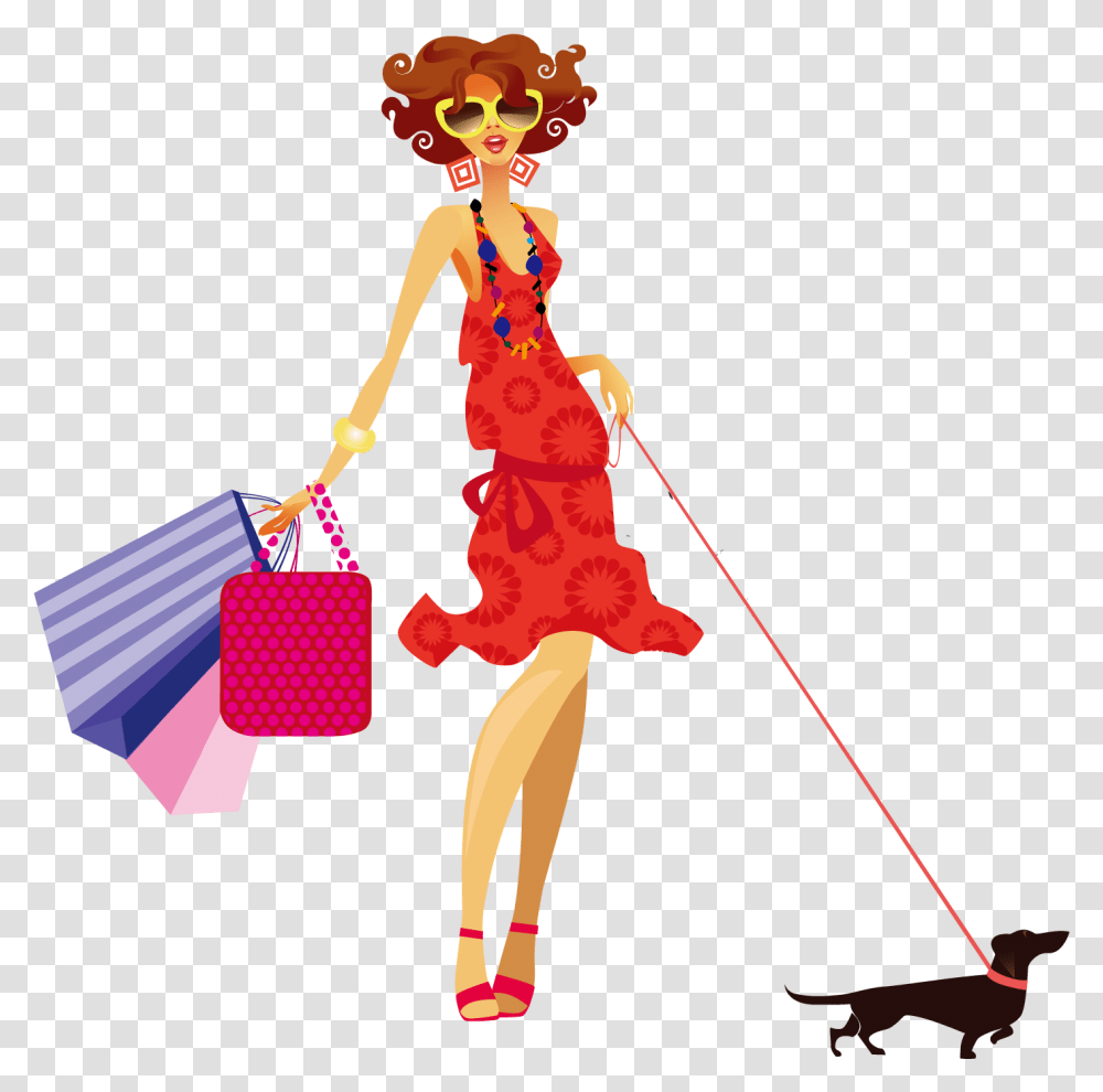 Fashion Woman Clip Art Desenho Mulher Passeando Com Cachorro, Person, Human, Bow, Shopping Transparent Png