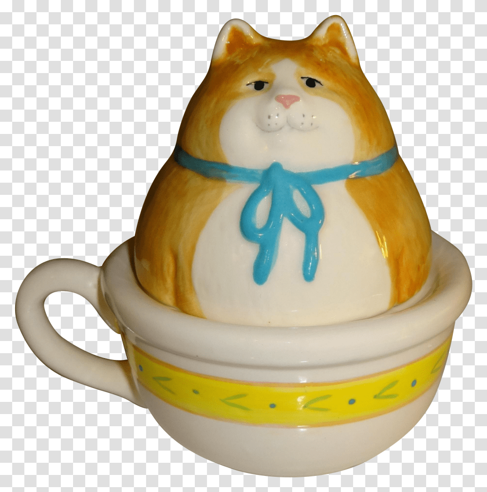 Fat Cat Sitting In Teacup Salt And Pepper Shakers Salt Animal Figure, Pottery, Bowl, Sweets, Food Transparent Png
