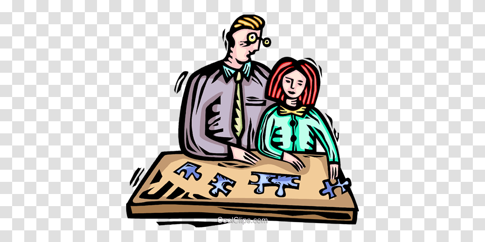 Father And Daughter Building A Puzzle Royalty Free Vector Clip Art, Person, Human, Game, Poster Transparent Png