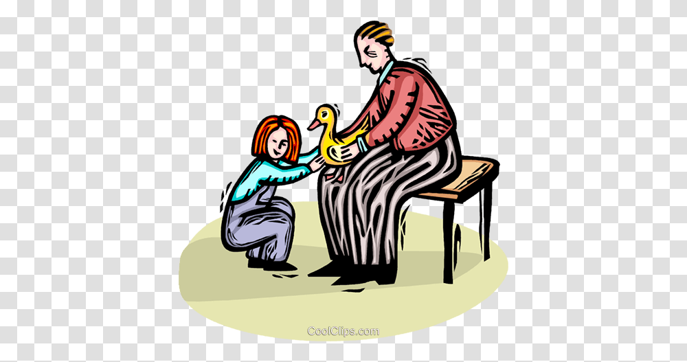 Father And Daughter Playing With A Duck Royalty Free Vector Clip, Person, Human, Sitting, Outdoors Transparent Png