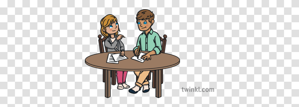 Father And Daughter Writing Sitting, Person, Human, Table, Furniture Transparent Png