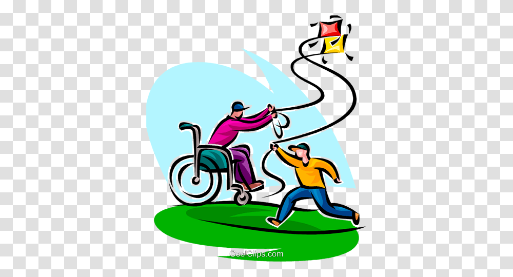Father In A Wheelchair Flying A Kite Royalty Free Vector Clip Art, Person, Vehicle, Transportation, Washing Transparent Png