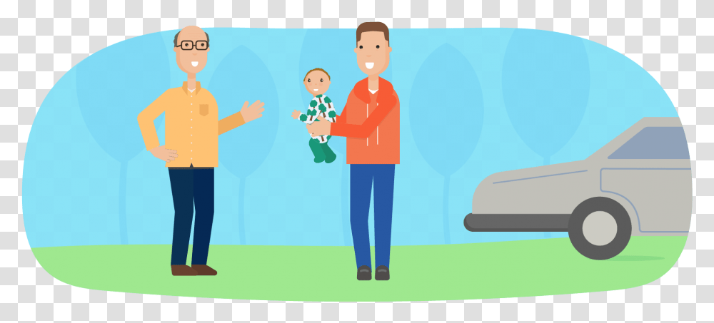 Father Taking Infant To Their Grandfather For Babysitting Cartoon, Person, Standing, Washing, Photography Transparent Png