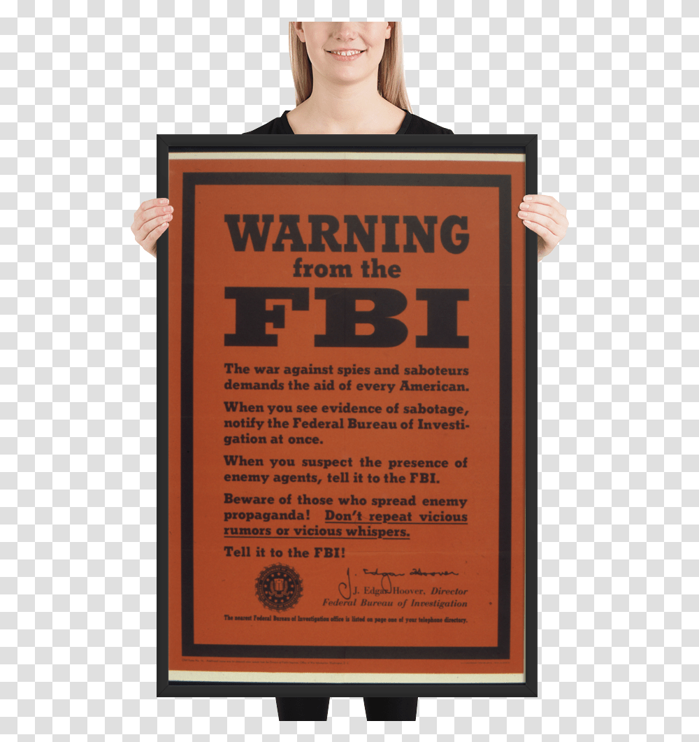 Fbi Warning Spies Framed Wwii Propaganda Poster Warrior Poster, Advertisement, Person, Flyer, Paper Transparent Png