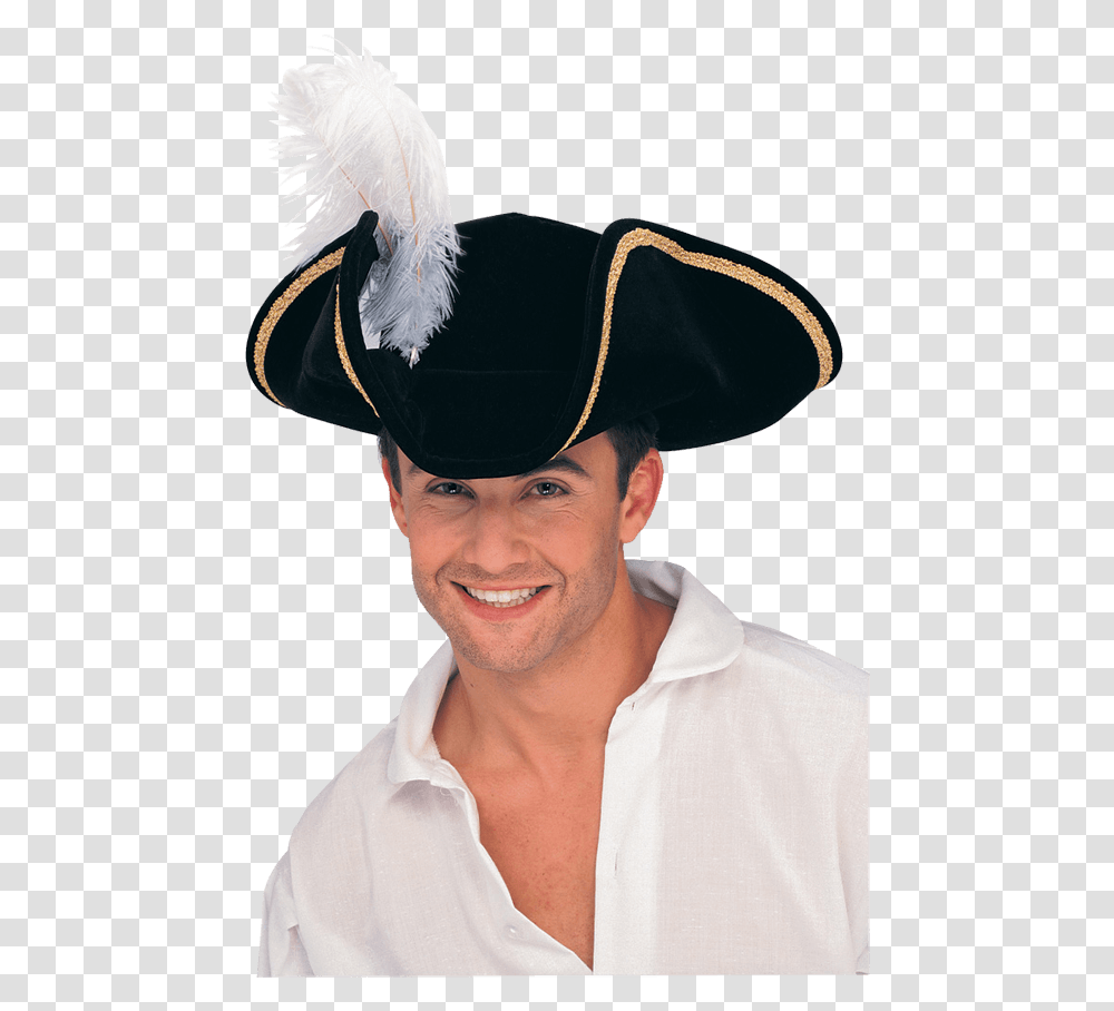 Feathered Buccaneer Tricorn Tricorn Hat With A Feather, Apparel, Person, Human Transparent Png