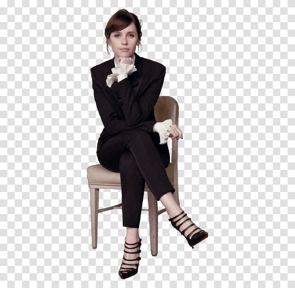 Felicity Jones Sitting, Suit, Overcoat, Footwear Transparent Png