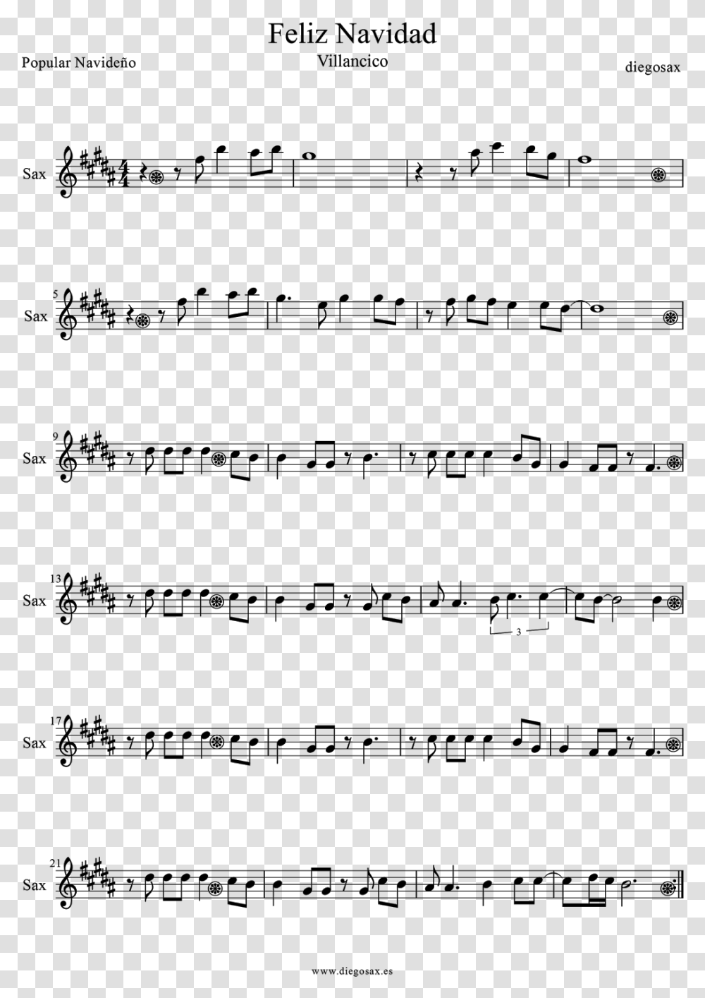 Feliz Navidad Merry Christmas Alto Saxophone Sheet Glenn Miller In The Mood Alto Sax Sheet Music, Gray Transparent Png
