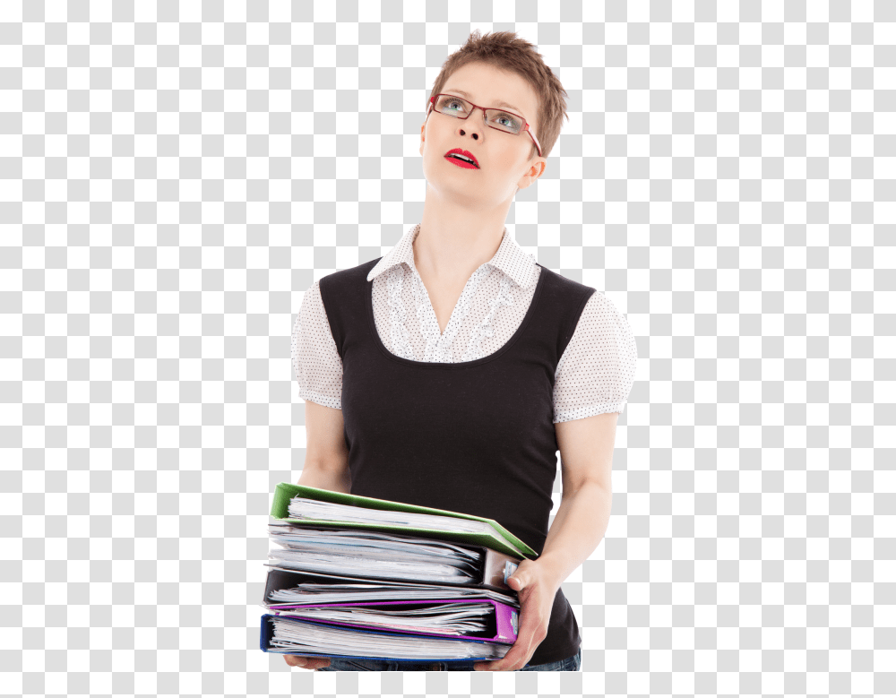 Female Office Worker Carrying A Stack Of Files Office Worker, Apparel, Person, Human Transparent Png