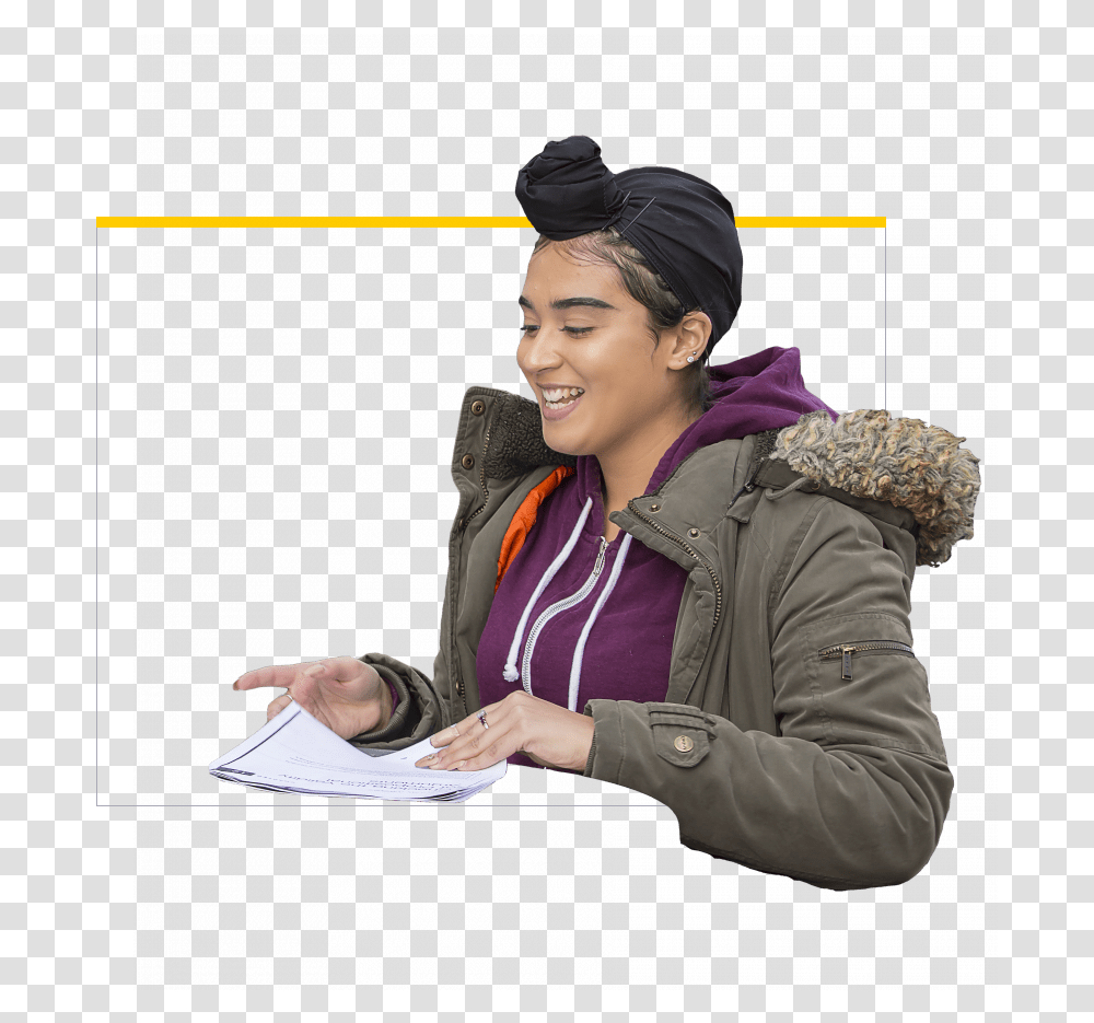 Female Student Girl, Sitting, Person, Coat Transparent Png