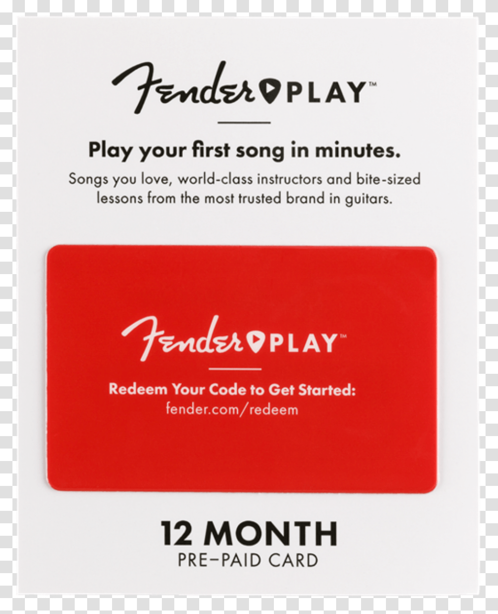 Fender Play 12 Month Subscription Prepaid Card Fender Musical Instruments Corporation, Text, Paper, Business Card, Page Transparent Png