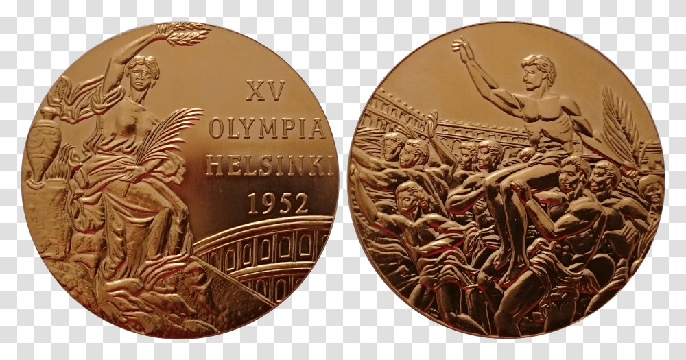 Filemedal Of Olympic Summer Games 1952png Wikimedia Commons Coin, Gold, Money, Person, Human Transparent Png