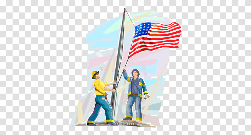 Fire Fighters Raising American Flag Royalty Free Vector Clip Flag Raising Clip Art, Person, Human, Symbol, Clothing Transparent Png