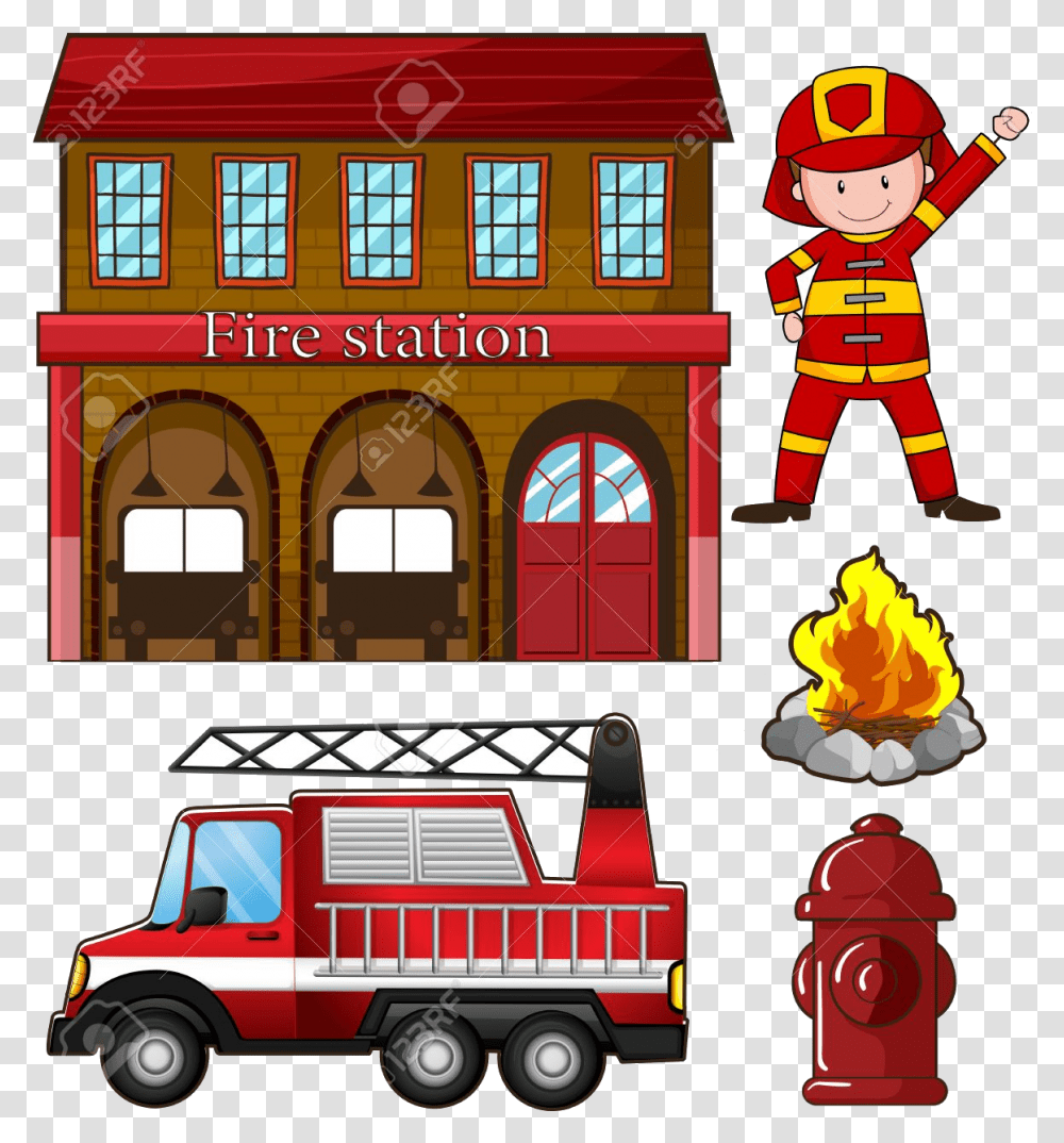 Fire Station Fireman And Clipart Picture Of Fire Station, Fire Truck, Vehicle, Transportation, Person Transparent Png