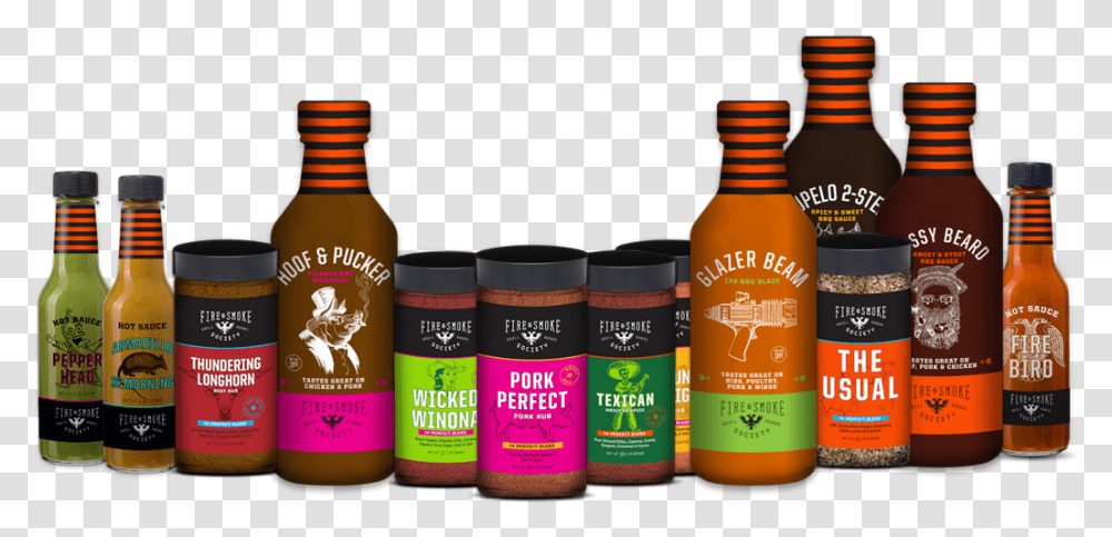 Fire & Smoke Society Premium Grill Goods Spices Sauces Glass Bottle, Beer, Alcohol, Beverage, Liquor Transparent Png
