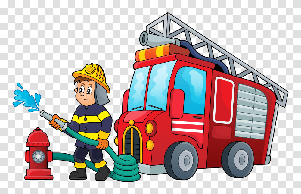 Fireman With Fire Truck Cartoon, Person, Human, Vehicle, Transportation Transparent Png