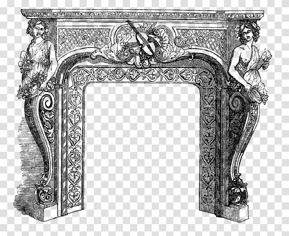 Fireplace Image Antique Illustration Carving Frame Black Amp White Design, Nature, Outdoors, Outer Space, Astronomy Transparent Png