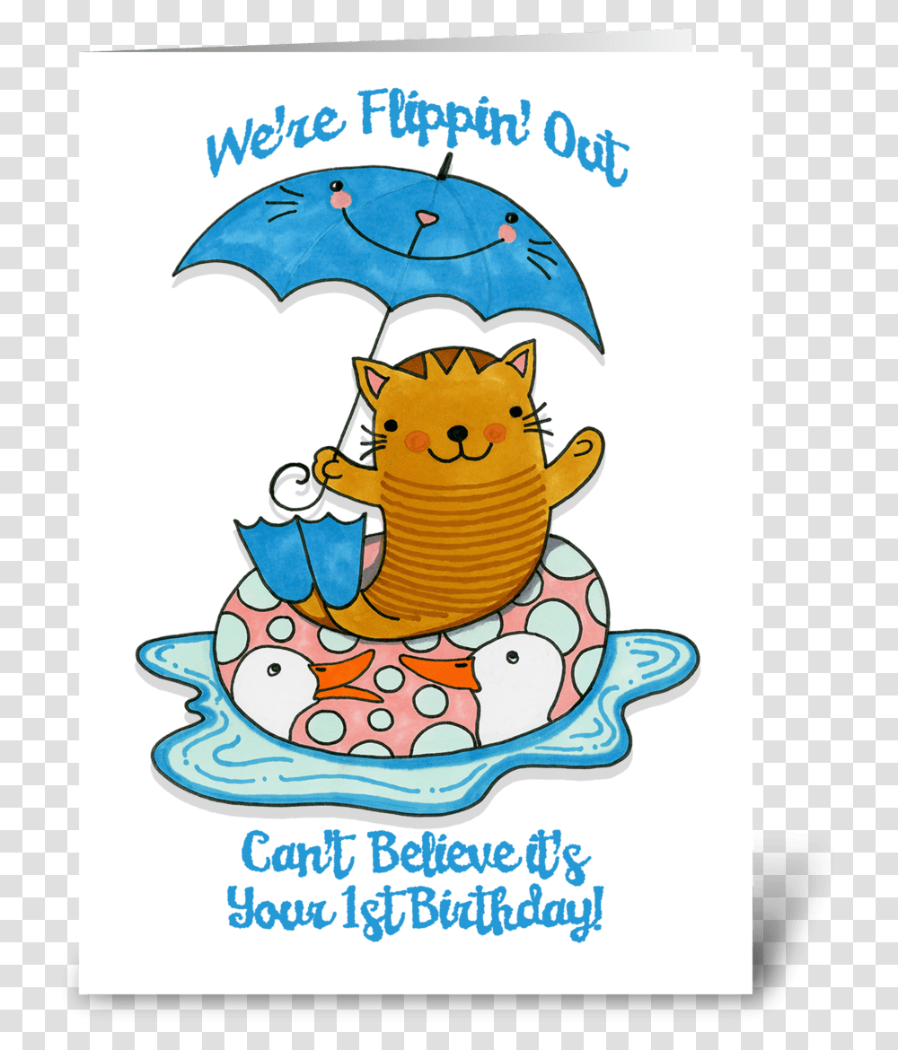 First Birthday Cat Wearing Flippers Cartoon, Text, Mammal, Animal, Label Transparent Png