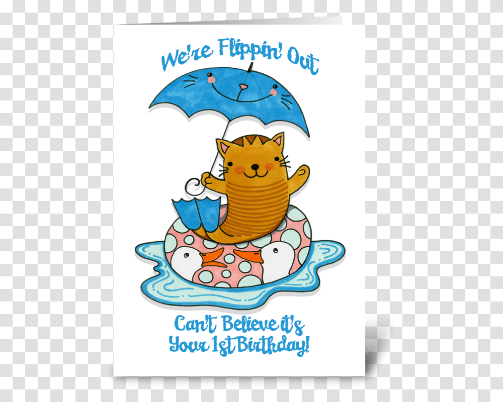 First Birthday Cat Wearing Flippers Greeting Card Cartoon, Mammal, Animal, Label Transparent Png