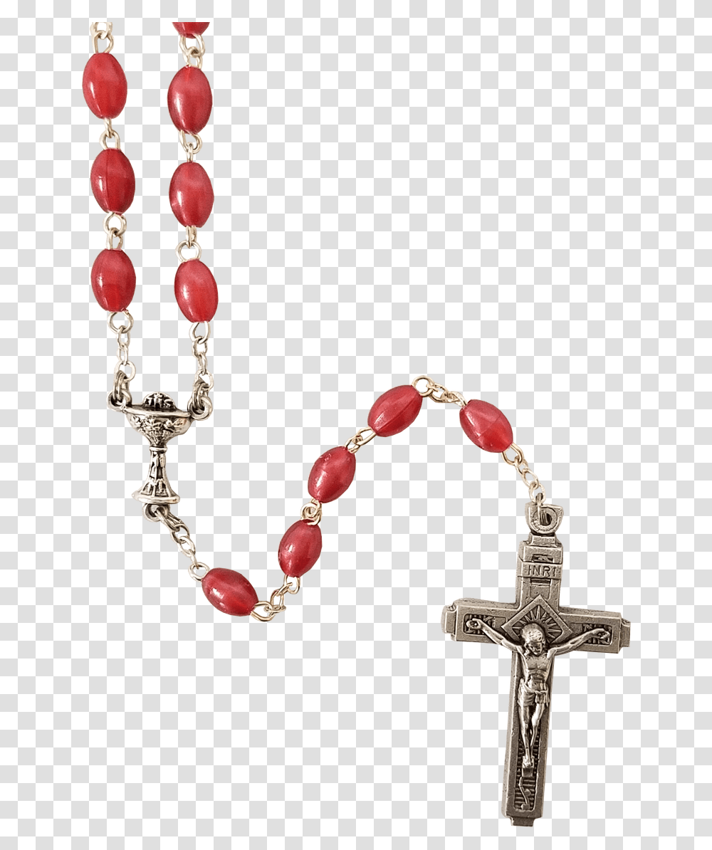First Communion Rosary Oval Fuschia Pink Beads Chalice Cross, Accessories, Accessory, Bead Necklace Transparent Png