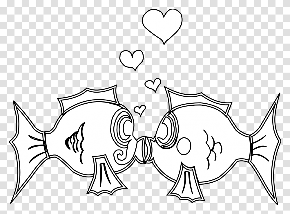 Fish In Love Black White Line Art Coloring Book Colouring Clip Art In Love Black And White, Stencil, Doodle, Drawing, Heart Transparent Png