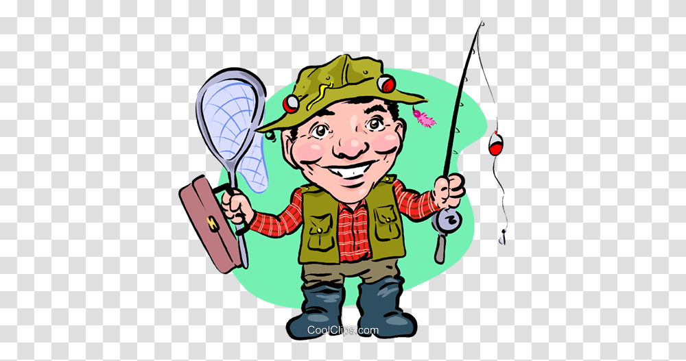 Fisherman With Pole Net And Tackle Box Royalty Free Vector Clip, Person, Human, Outdoors, Water Transparent Png