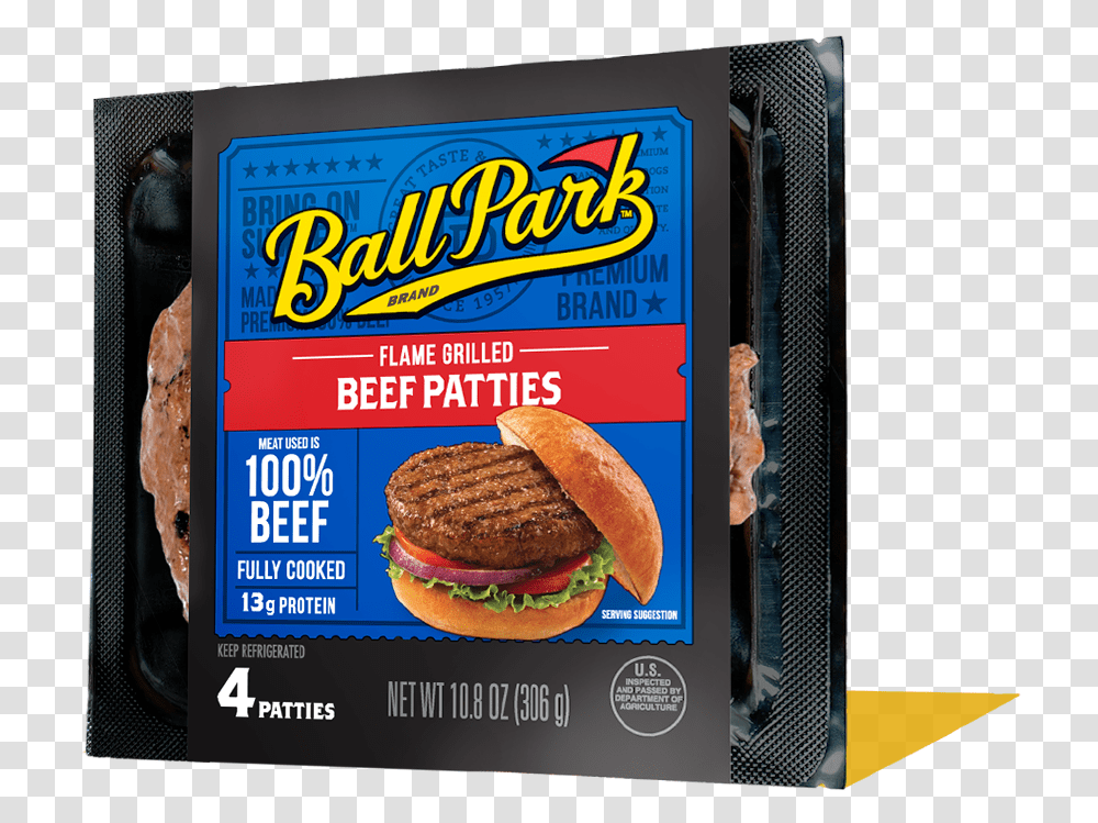 Flame Grilled Beef Patties Ball Park Franks, Burger, Food, Advertisement, Person Transparent Png