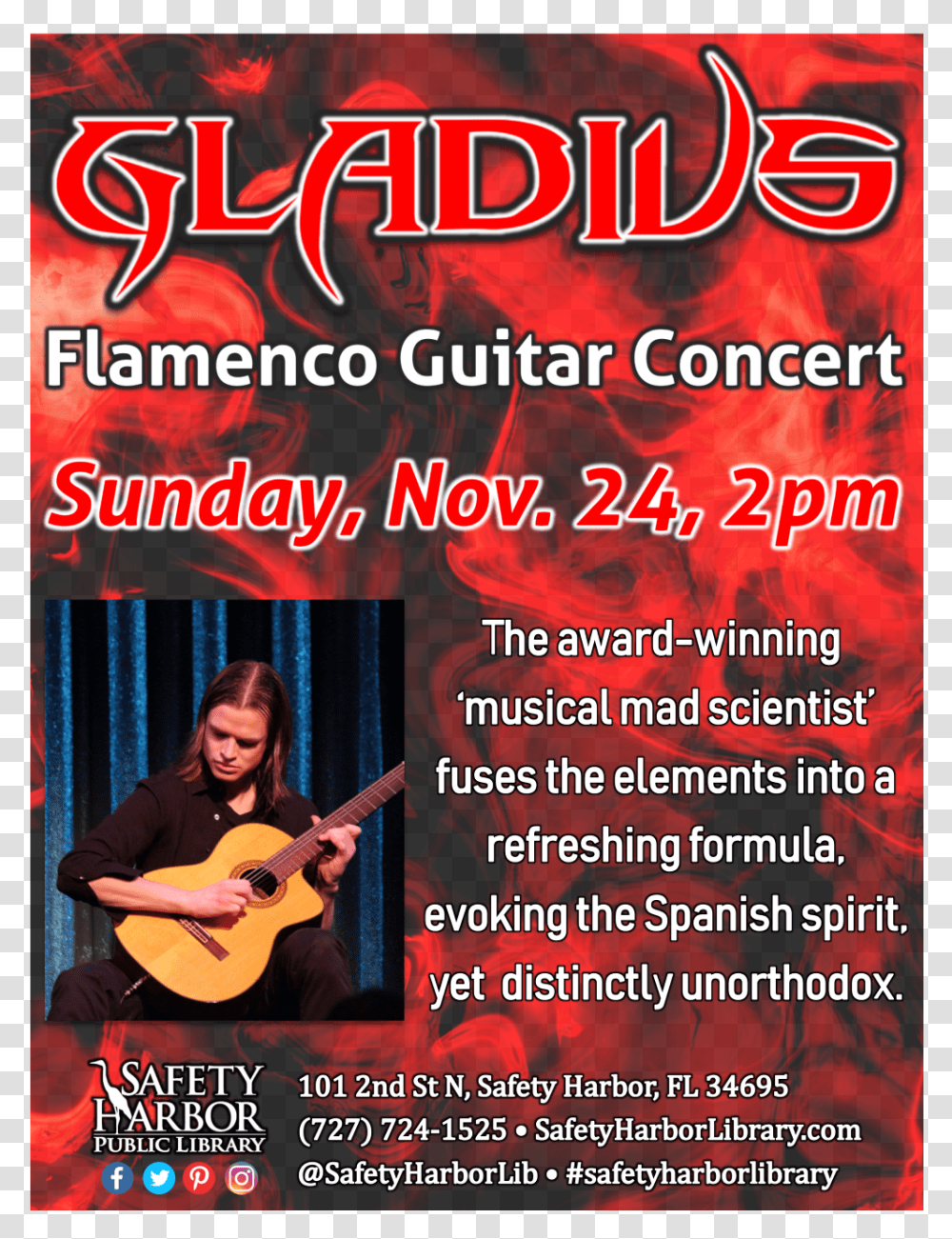 Flamenco Guitar Concert At The Safety Harbor Public Poster, Person, Leisure Activities, Musical Instrument, Musician Transparent Png