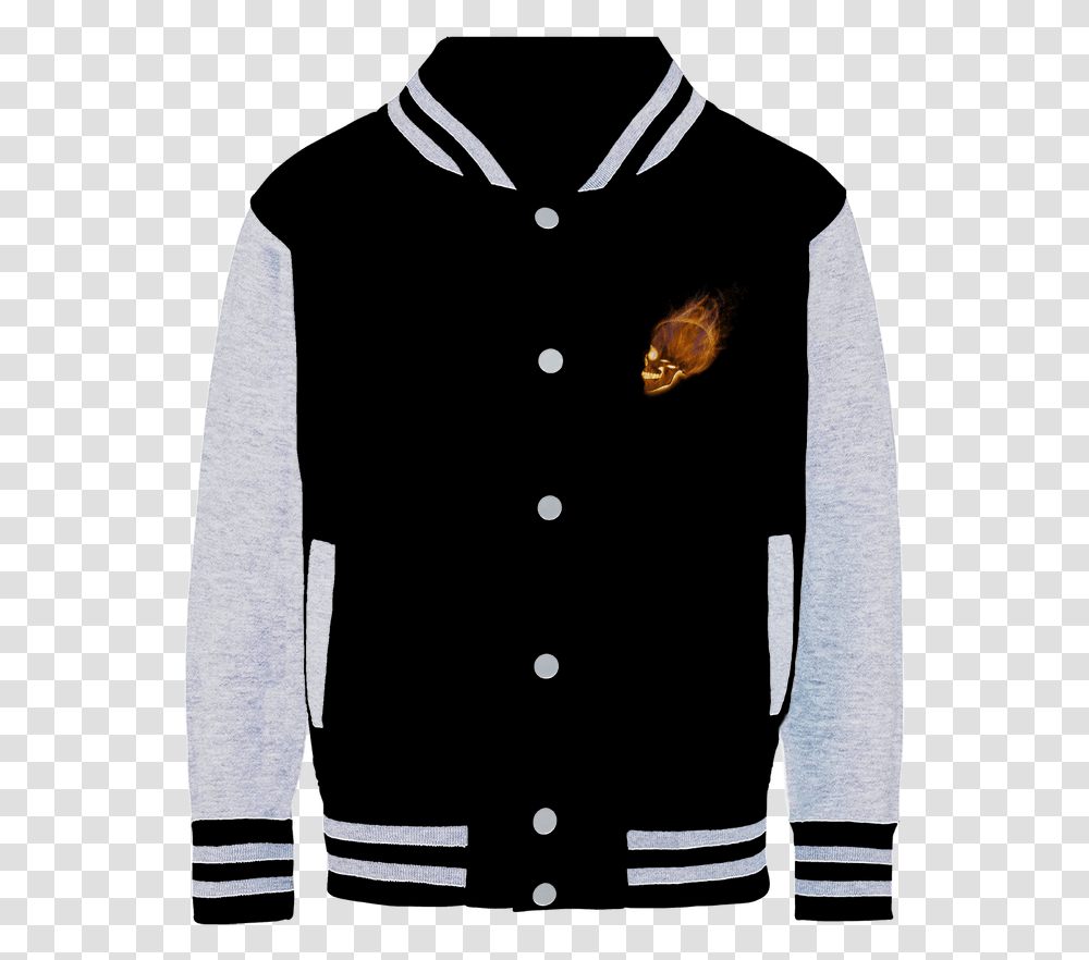 Flaming Skull Varsity Jacket Jacket, Clothing, Apparel, Sailor Suit, Person Transparent Png