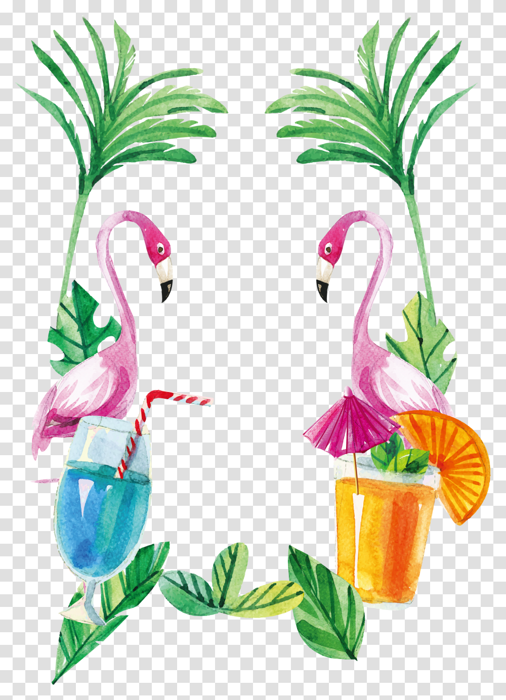Flamingo Summer Watercolor Flamingo With Background, Plant, Beverage, Juice, Flower Transparent Png