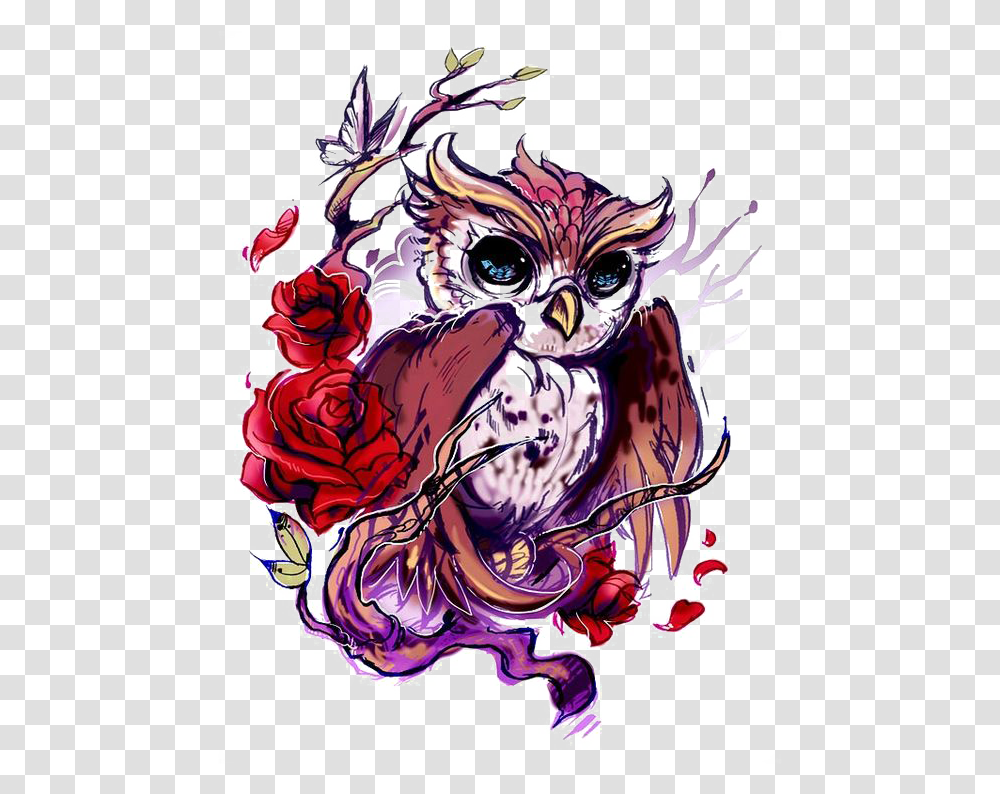 Flash Owl Artist Rose Tattoo Hd Image Free Clipart Color Owl Tattoo Drawing, Floral Design, Pattern, Doodle Transparent Png