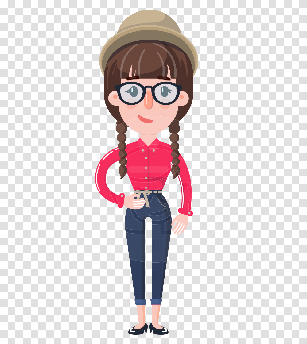 Flat Fashionable Girl With Hat And Pigtails Hat, Person, Human, Female, Woman Transparent Png