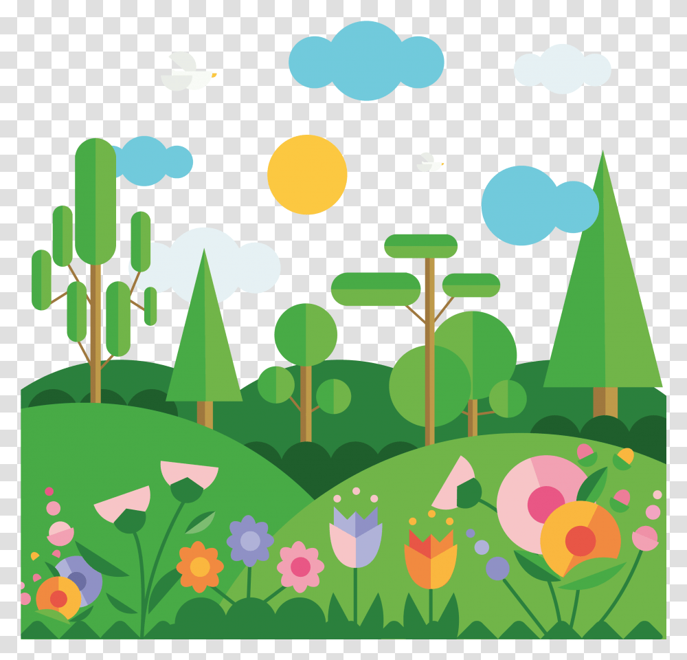 Flat Spring Mountain Vector Landscape With Geometric Shapes, Plant Transparent Png