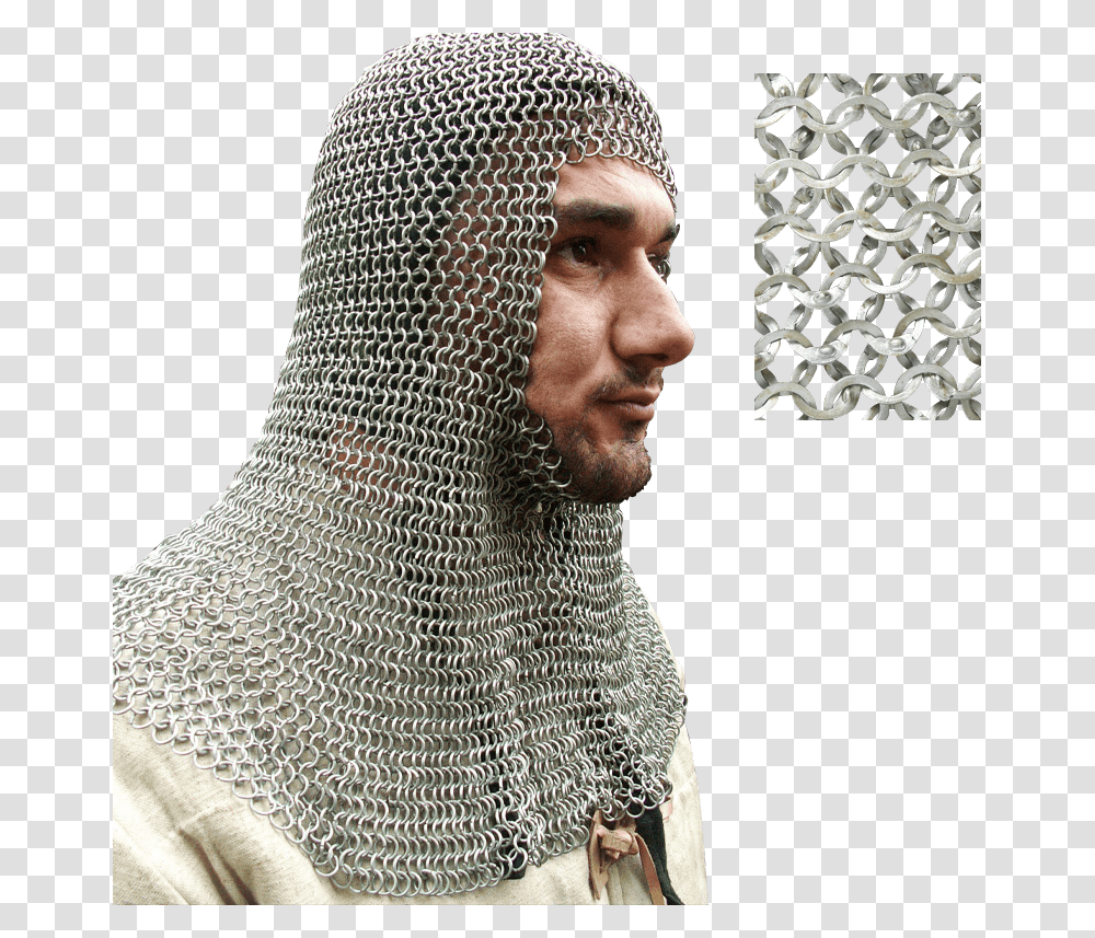 Flat Wedge Riveted Chain Mail Hood Maille Coif Wedge Mail Coif, Armor, Person, Human, Scarf Transparent Png